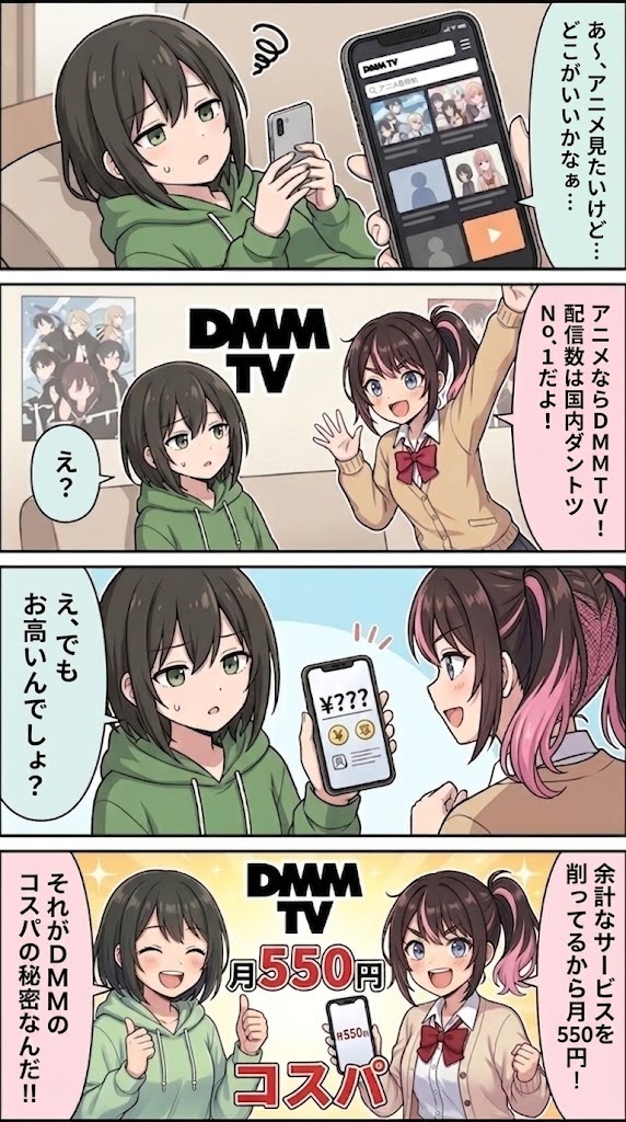 4コマ漫画：アニメ国内最大級・月額550円のDMM TVのコスパの秘密をわかりやすく解説